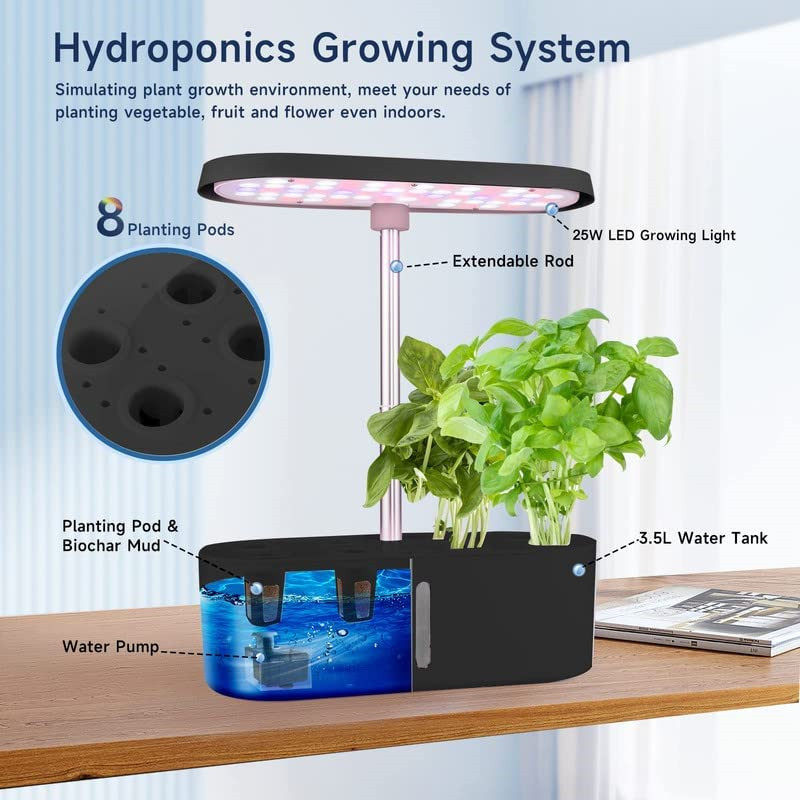 8 Pods Hydroponics Growing System Indoor Garden Full-Spectrum Height Adjustable Grow Light with Automatic Timer,3.5L Large Leakproof Water Tank